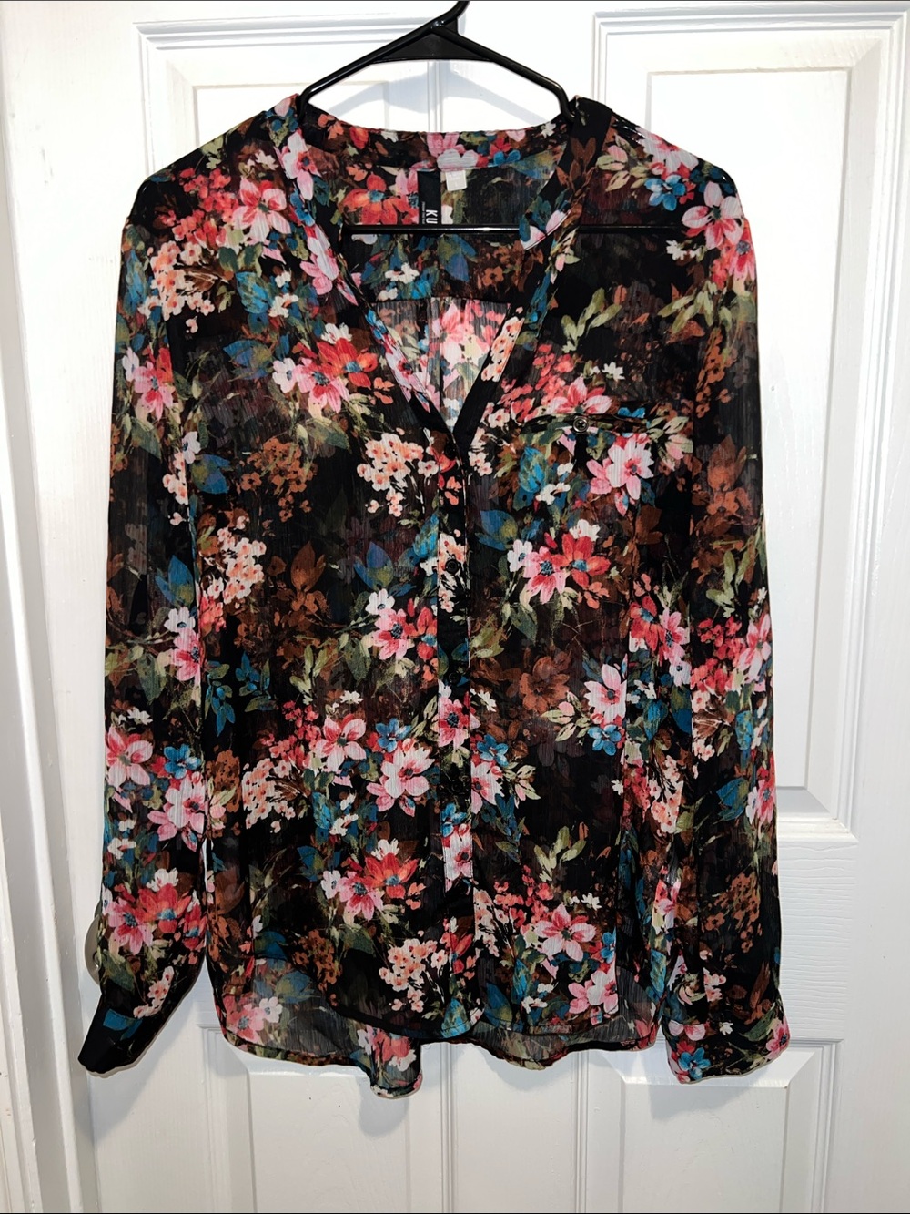 Kut from the Kloth Black Floral Sheer Button-Up Blouse